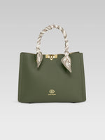 Load image into Gallery viewer, Front view of Alessia Tote bag in British Green color and white clothe beaded to it's handle