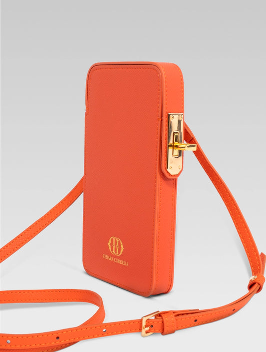 Sixtine - side view of orange color phone bag with lock