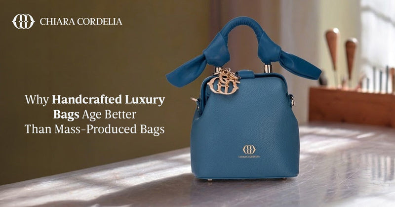 Handcrafted luxury handbag displayed beside artisan tools and materials