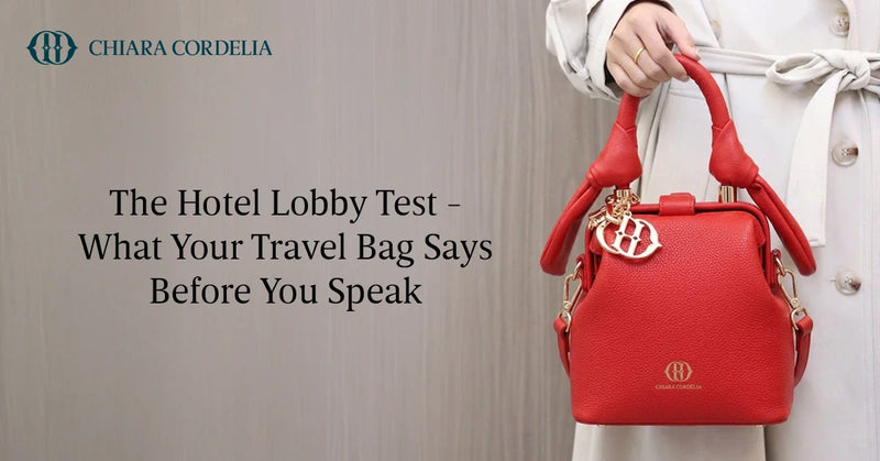 Structured luxury travel handbags placed inside a modern hotel lobby