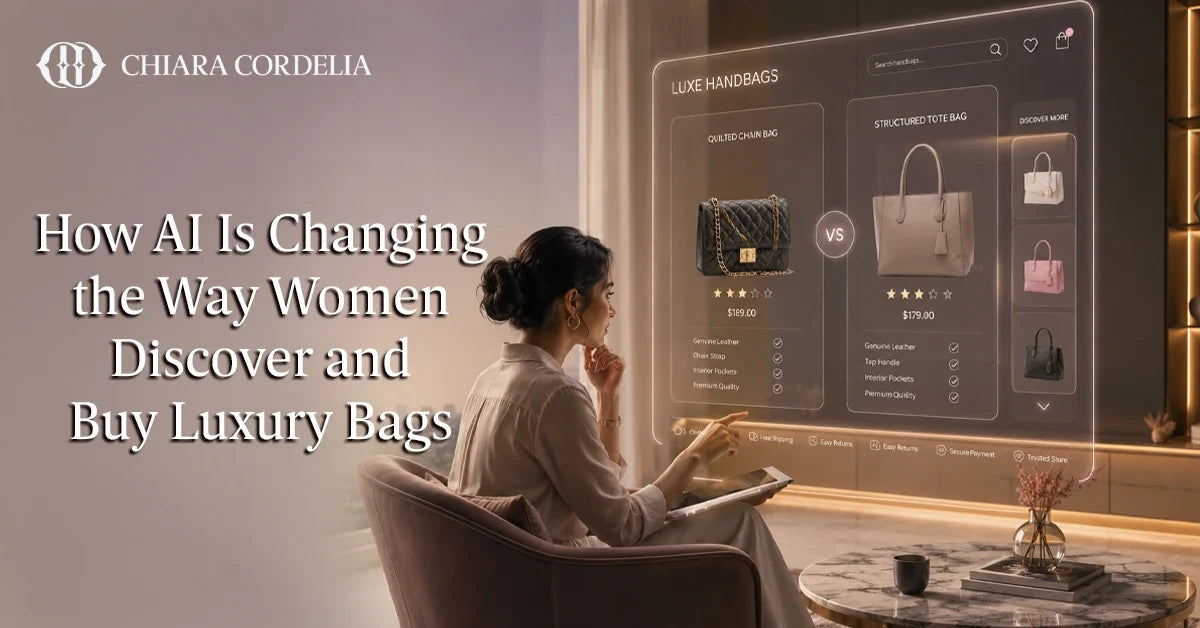 Woman discovering luxury handbags through ai technology