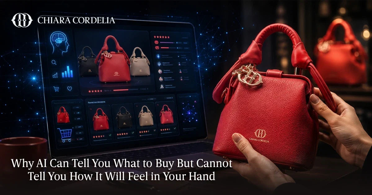 Woman comparing luxury handbags with ai shopping tools