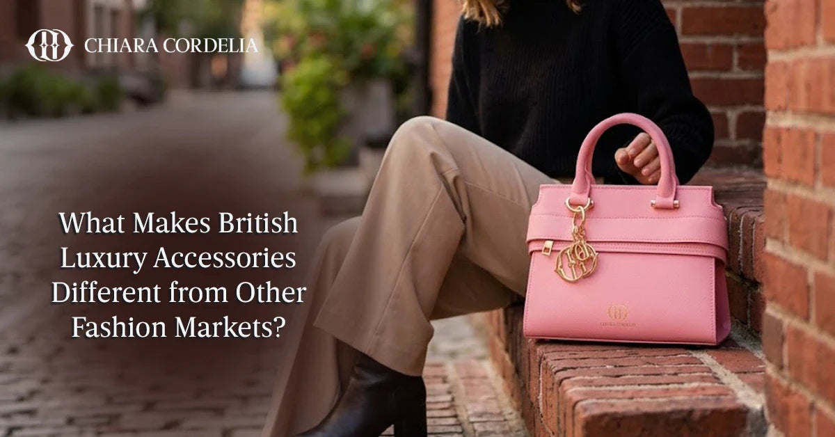 British luxury handbag displayed with classic fashion accessories