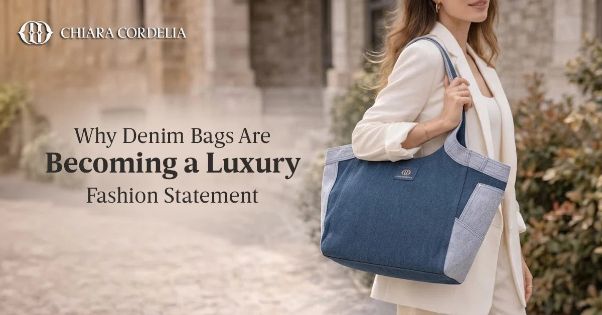 Luxury denim handbag with detailed stitching and hardware
