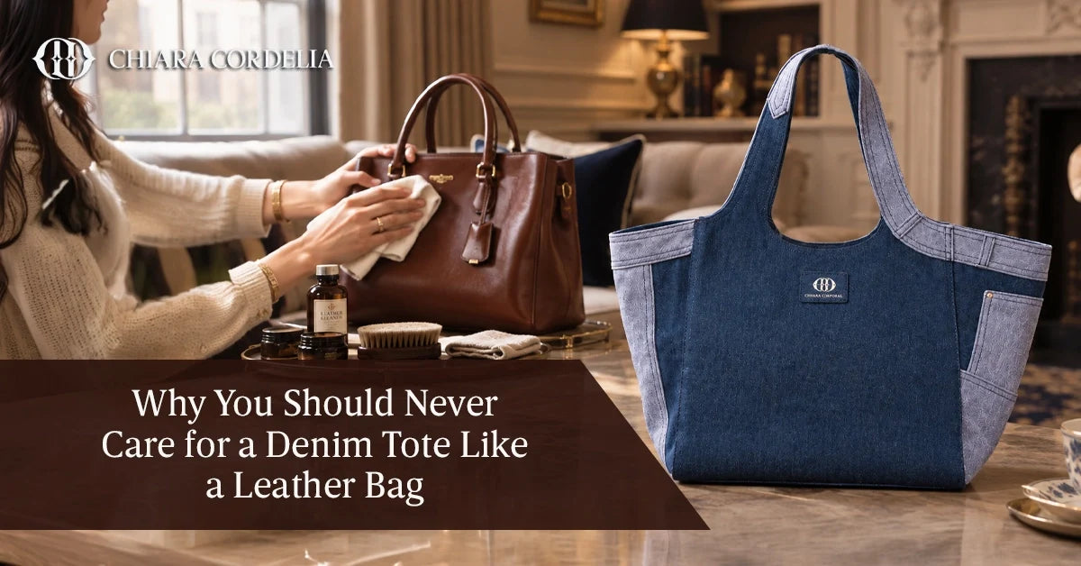 Luxury denim tote bag with structured handles