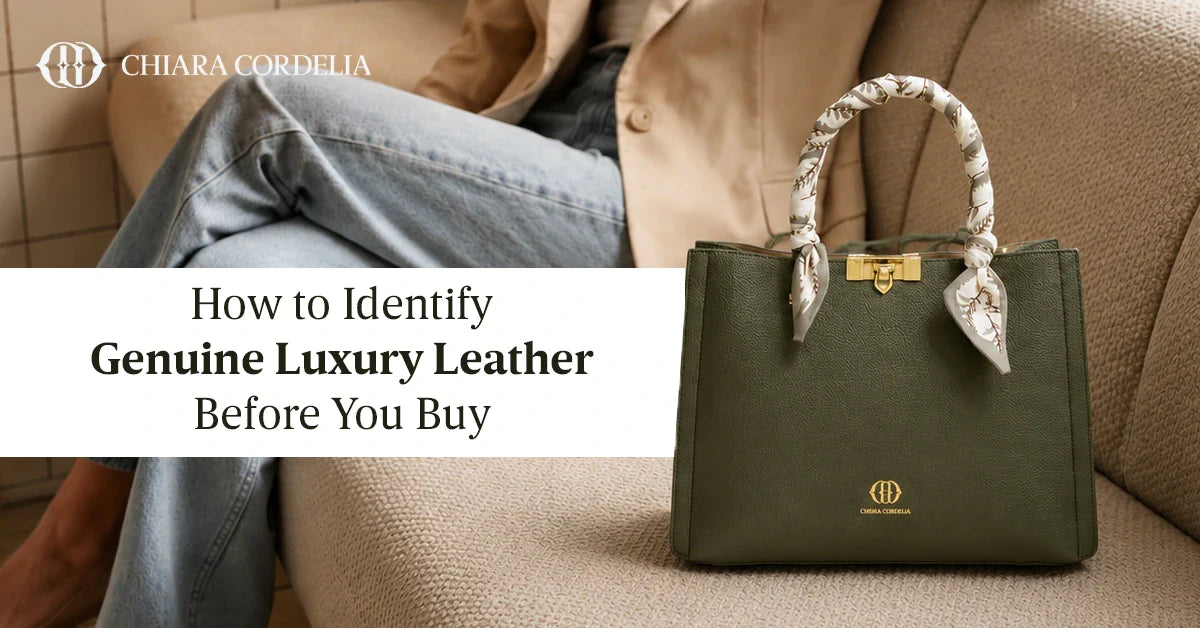 Genuine luxury leather handbag showing natural texture