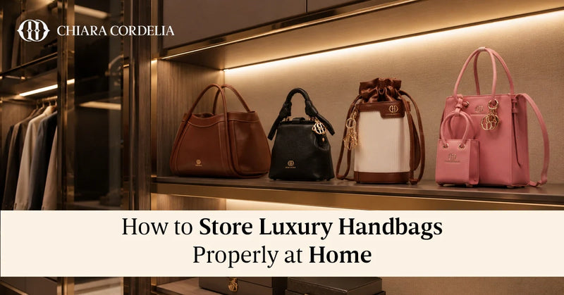 Luxury handbags neatly stored on shelves with protective dust bags
