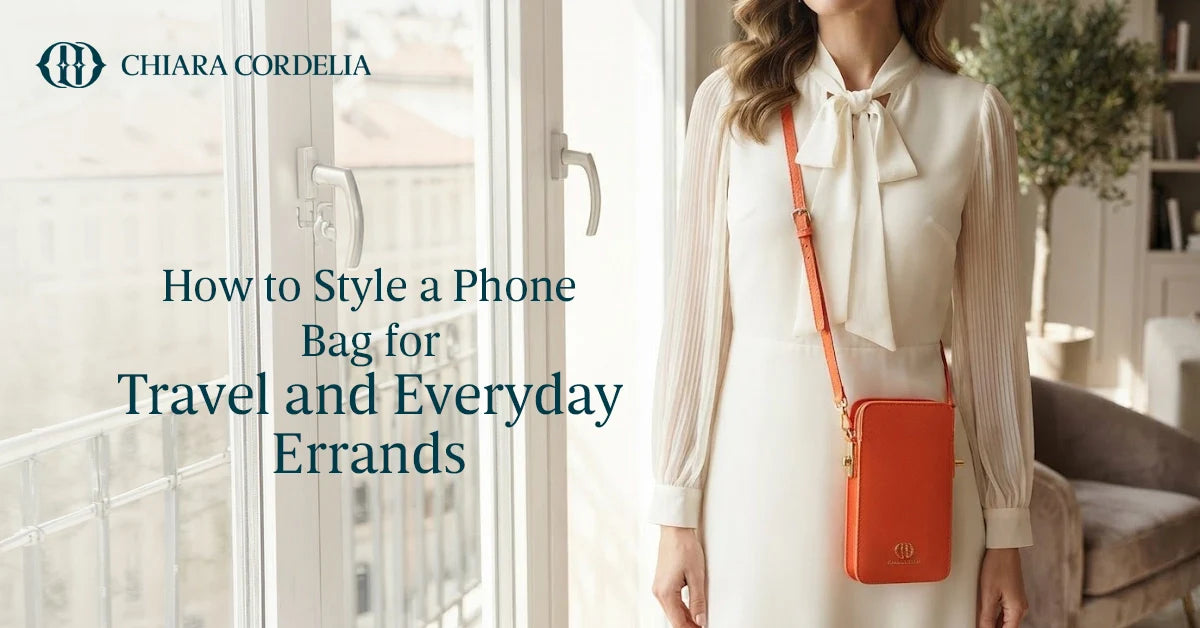 Woman wearing a leather phone bag crossbody