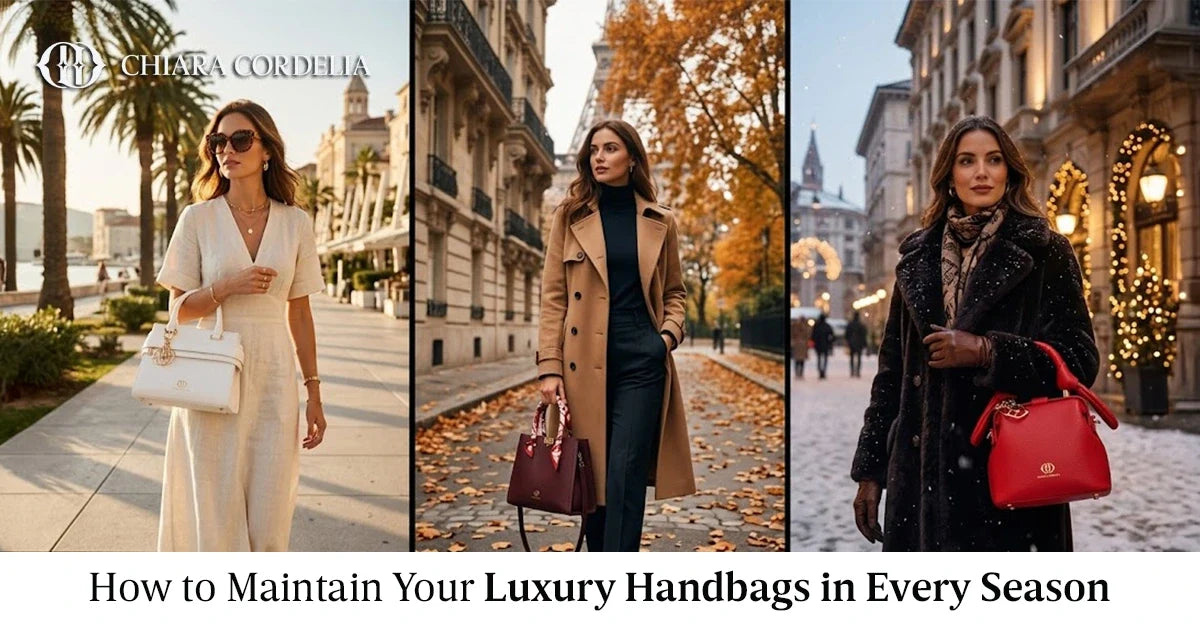 Luxury handbags arranged for seasonal care and storage