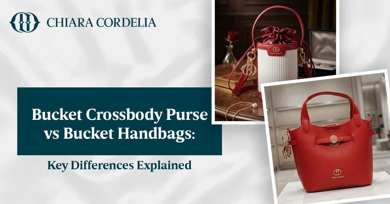 Bucket crossbody purse and bucket handbag showing size and style differences by Chiara Cordelia.