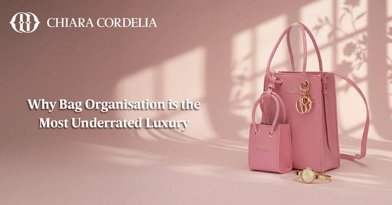 Organised leather handbag with neatly arranged daily essentials