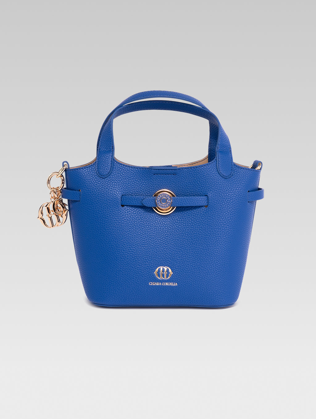 Front view of delphine bucket bag in blue color