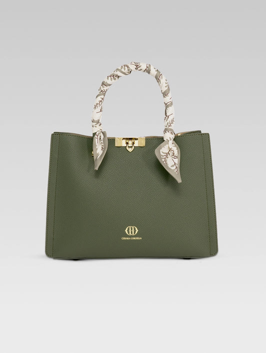 Front view of Alessia Tote bag in British Green color and white clothe beaded to it's handle