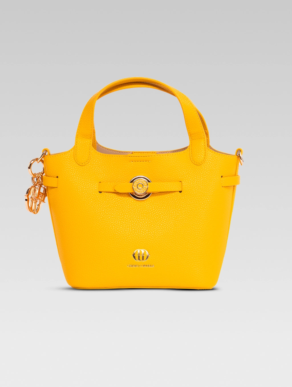 Front view of delphine bucket bag in yellow color