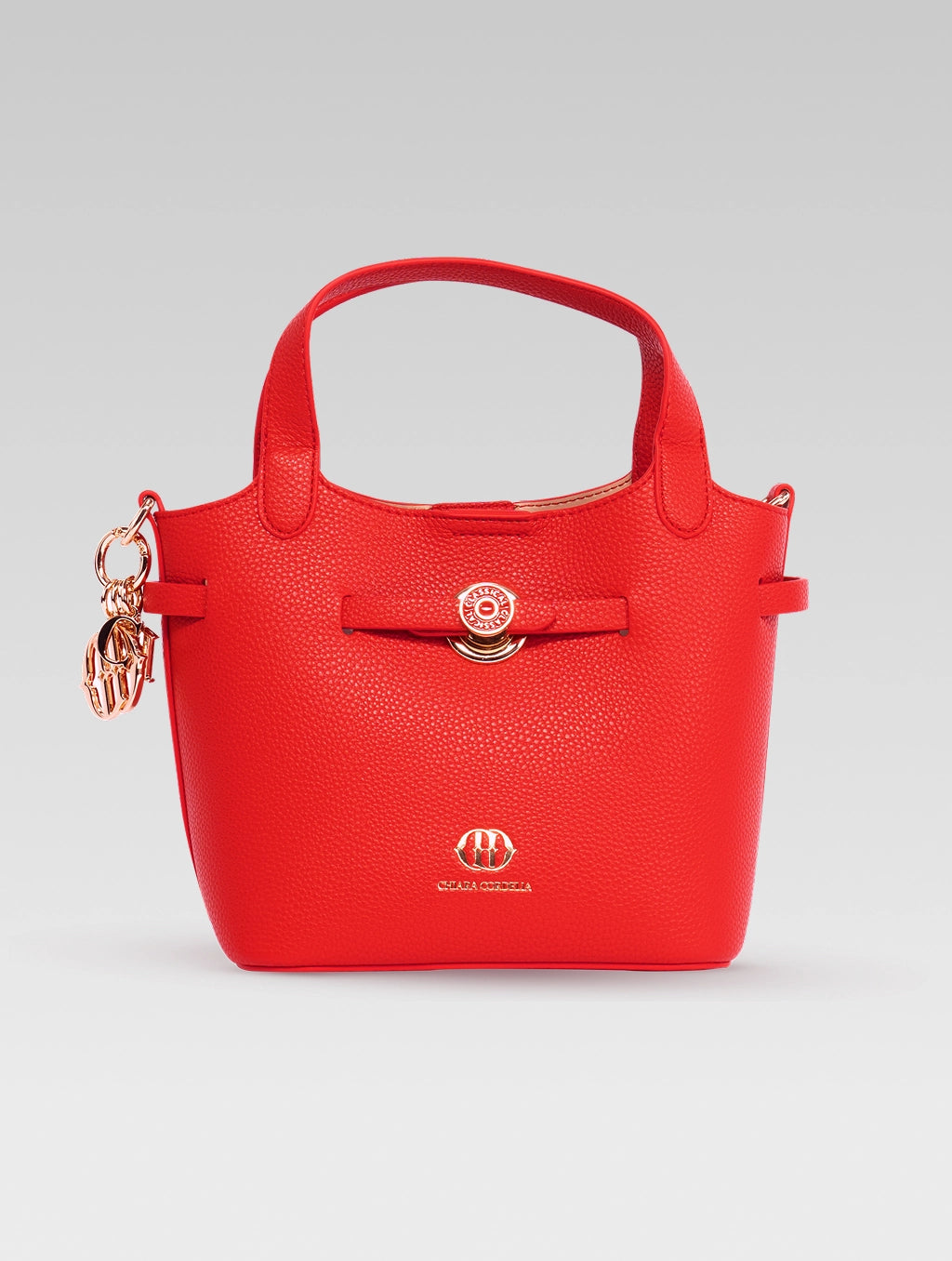 Front view of delphine bucket bag in red color