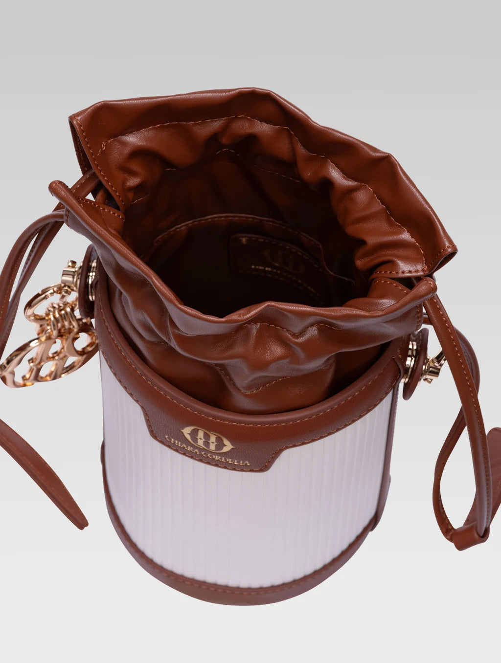 Top view of blaise bucket bag in tan color