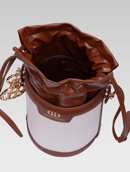 Top view of blaise bucket bag in tan color