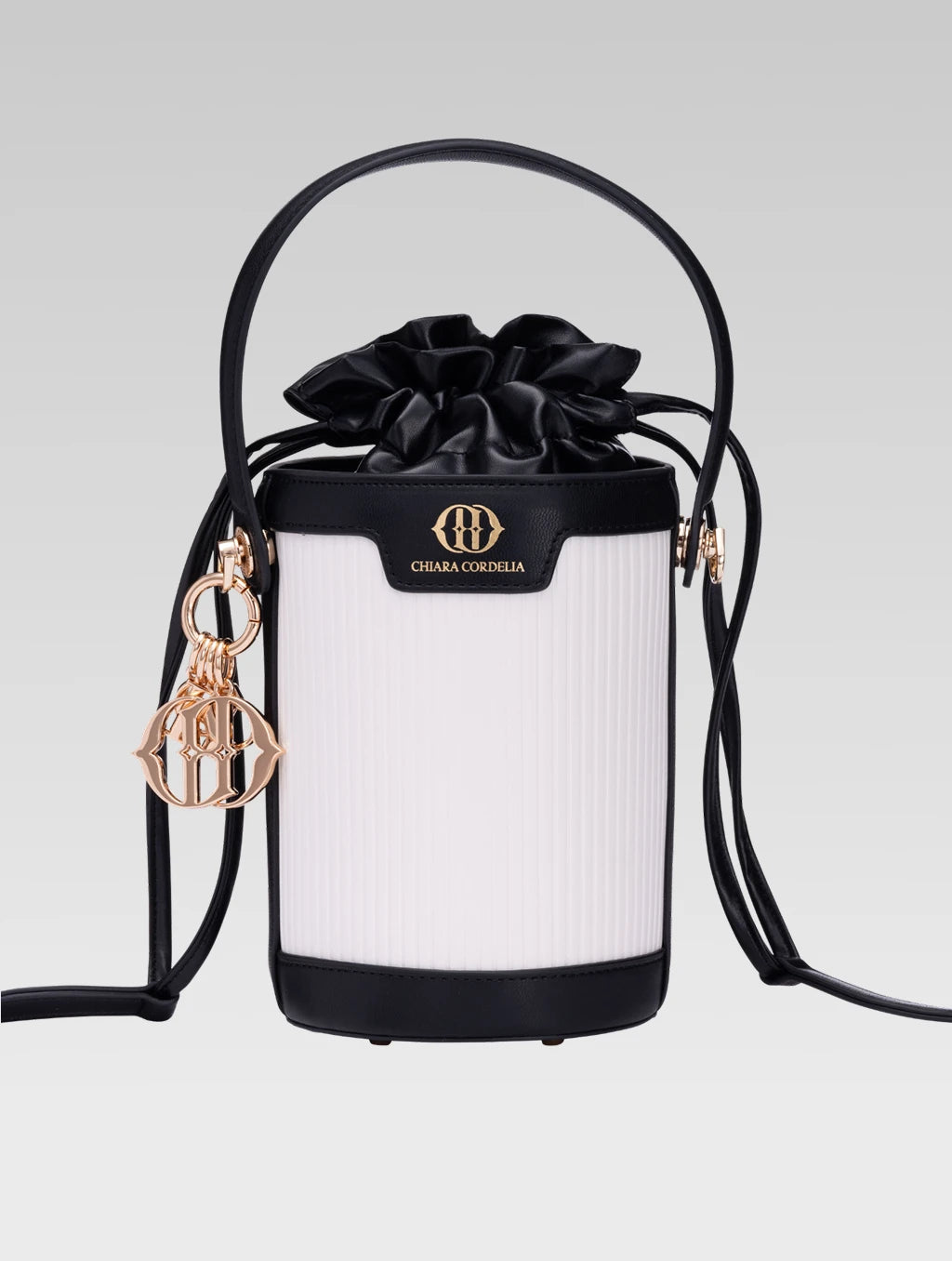 Front view of blaise bucket bag in black color