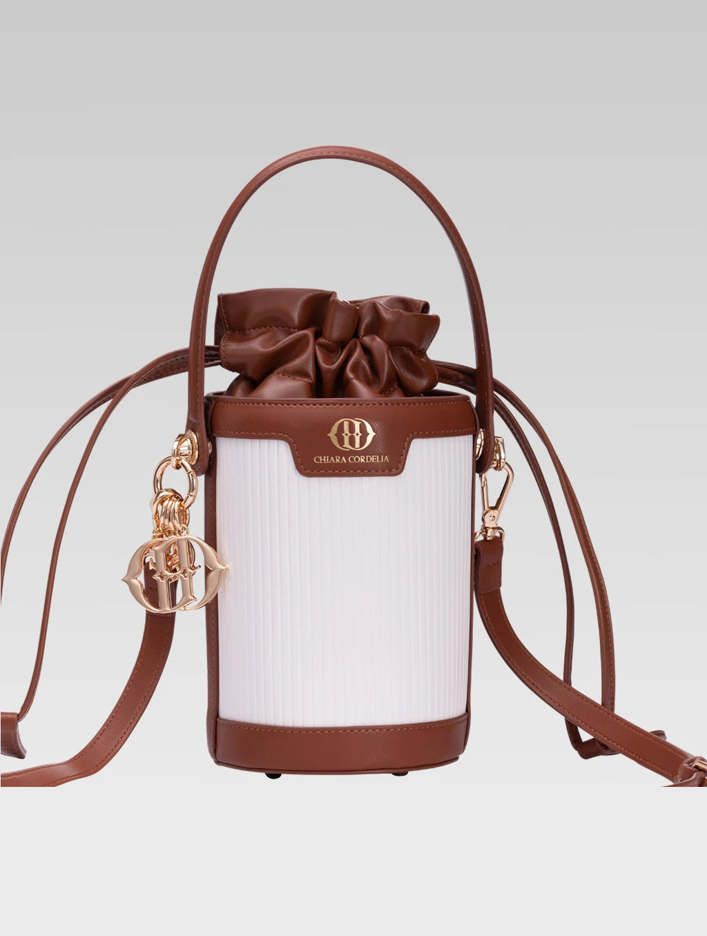 Front view of blaise bucket bag in tan color