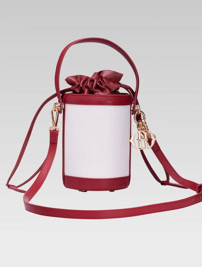 Back view of blaise bucket bag in red color