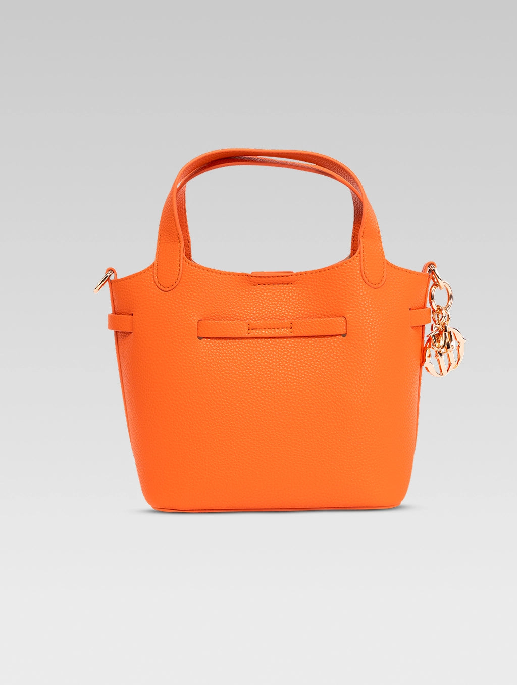 Back view of delphine bucket bag in orange color