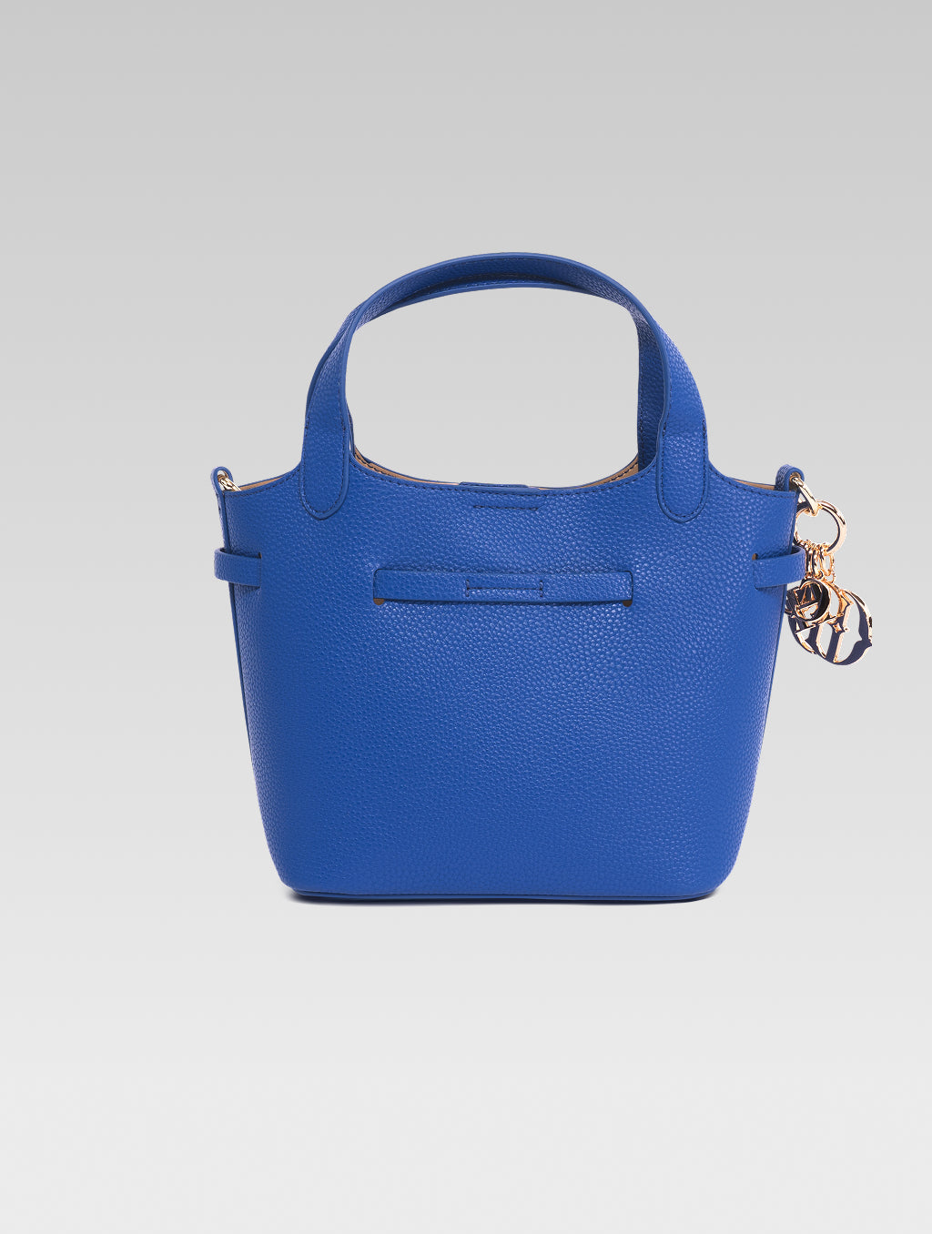 Back view of delphine bucket bag in blue color