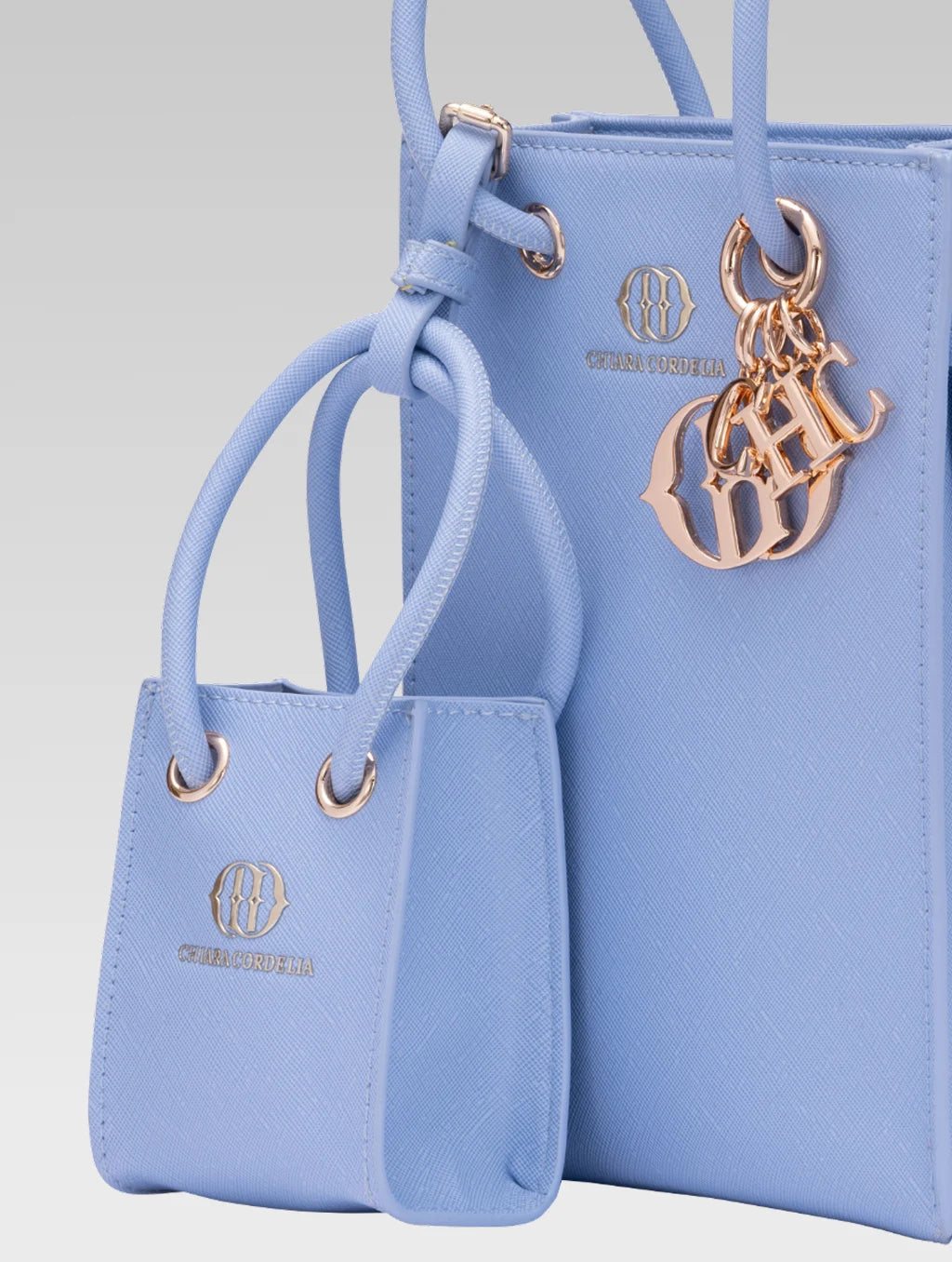 Cropped side view of genevieve bucket bag in baby blue color and a mini tote bag