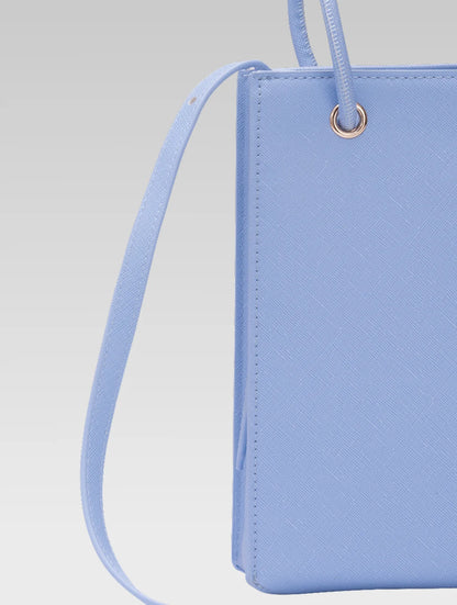Back view of genevieve bucket bag in baby blue color