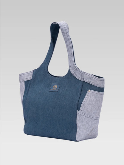 Side view of Marlene dark blue demin tote bag