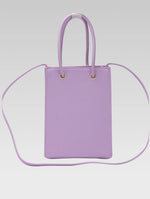 Load image into Gallery viewer, Back view of Genevieve Bucket bag in lavender color with shoulder strap
