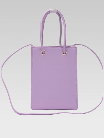 Back view of Genevieve Bucket bag in lavender color with shoulder strap